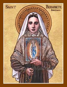 the icon of saint bernadette is shown in gold and white with an ornate frame