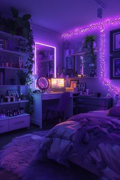 a bedroom with purple lights on the walls and a bed in front of a desk