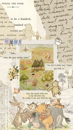 an image of winnie the pooh collage with handwritten notes and pictures on it