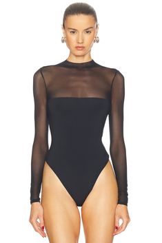 Self 1: 90% polyester 10% spandex, Self 2: 86% nylon 14% spandex.  Made in China.  Hand wash.  Pull-on styling.  Gusset button snap closure.  Thong design at back.  .  .  .  .  .  .  .  .  .  . Bodysuit Designs, Mesh Bodysuit, Black Bodysuit, Made In China, Black Design, Snap Closure, Brandy, Hand Wash, Spandex