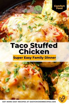 taco stuffed chicken in a skillet with text overlay