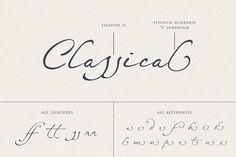 the different types of calligraphy are shown in this set of font and script styles