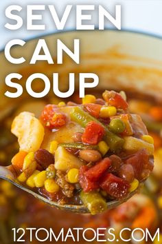 a spoon full of soup with the words seven can soup on it, and an image of