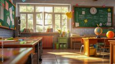 an empty classroom with desks and chalkboard