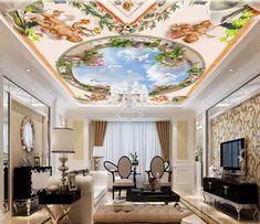 a living room filled with furniture and a ceiling painted with an image of the sky