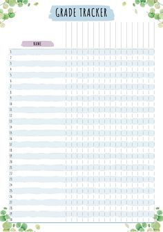 a printable grade tracker with green leaves