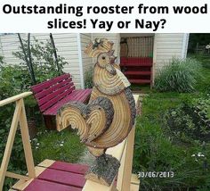 a wooden sculpture of a rooster on a porch