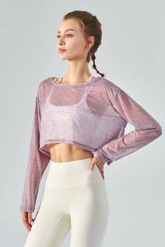 Color_Light Purple High Stretch Mesh Top With Sheer Sleeves, Mesh Sleeve Tops For Sports, Summer Mesh Athleisure Crop Top, Summer Athleisure Mesh Crop Top, Trendy Long Sleeve Activewear For Spring, Trendy Mesh Crop Top With Mesh Sleeves, Mesh Athleisure Crop Top, Nylon Mesh Top With Long Mesh Sleeves, Long Sleeve Mesh Top With Mesh Sleeves