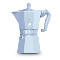 a blue stove top coffee maker with the word bialetti on it's side