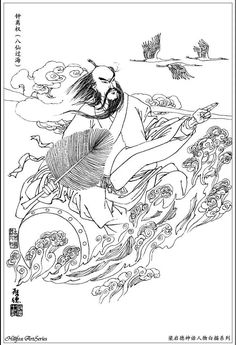 an ink drawing of a man riding a wave with birds flying in the sky behind him