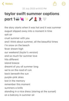 a text message that reads taylor swift summer captions, part 1 the story starts when it was hot and it was summer