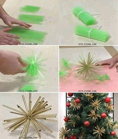 several pictures of different items that are being used to decorate the christmas tree with green plastic straws