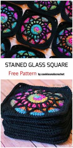 crocheted coasters with the text, stained glass square free pattern