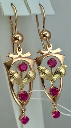 USSR Vintage Original Rose & Yellow Gold Ruby (lab. created) Earrings 583 14K | eBay Russian Gold Jewelry, Rose Gold Art Nouveau Jewelry For Gift, Art Nouveau Rose Gold Jewelry As A Gift, Art Nouveau Rose Gold Jewelry For Gift, Art Nouveau Rose Gold Jewelry As Gift, Art Nouveau Rose Gold Jewelry Gift, Art Deco Hallmarked Earrings As Gift, Handmade Rose Gold Earrings For Formal Occasions, Antique Pink Earrings Gift