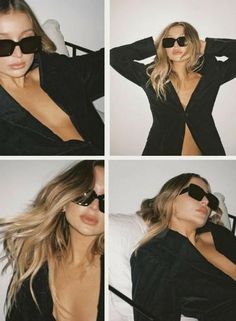 four photos of a woman wearing sunglasses