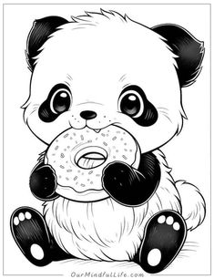 a panda bear eating a donut with its paw on it's chest and eyes wide open