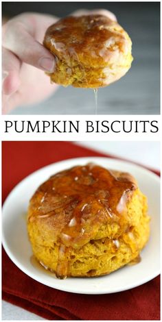 pumpkin biscuits on a white plate with syrup drizzled over the top and bottom