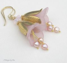 Blush Pink Pearl and Lucite Flower Earrings, Gold Handmade Earwires, Brass… Flower Earrings Gold, Handmade Gold Jewellery, Pink Swarovski, Acrylic Jewellery, Brass Accents, Floral Jewellery