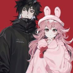 two anime characters dressed up in bunny ears and pink hair, one wearing a black hoodie