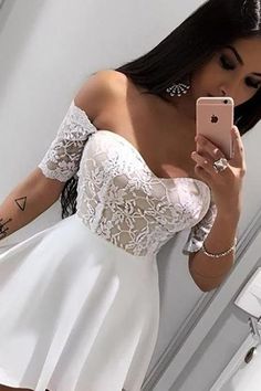 Short Sleeve Prom Dresses, Dress Websites, Homecoming Dress Short, Junior Party Dresses, Grey Prom Dress, White Homecoming Dresses, Cheap Homecoming Dresses, Sweetheart Prom Dress, Lace Homecoming Dresses