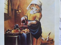 a painting of a cat dressed as an old woman pouring coffee