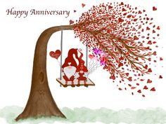 an elephant on a swing with hearts coming out of it and the words happy anniversary