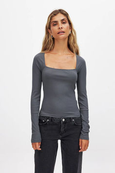 Ribbed Square Neck Detail Top Ribbed Square Neck Tops For Fall, Ribbed Square-neck Tops For Fall, Ribbed Square Neck Fall Tops, Square Necklines, Top Hat, Square Neckline, Stretchy Material, Long Tops, T Shirt Top