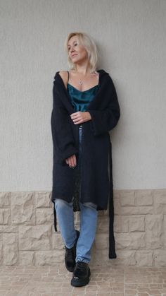 Chic Mohair Winter Outerwear, Chic Mohair Outerwear For Winter, Black Mohair Winter Sweater, Black Mohair Winter Outerwear, Black Mohair Sweater For Winter, Cozy Black Mohair Sweater, Long Black Cozy Outerwear, Black Open Front Sweater Coat For Winter, Long Cozy Black Outerwear