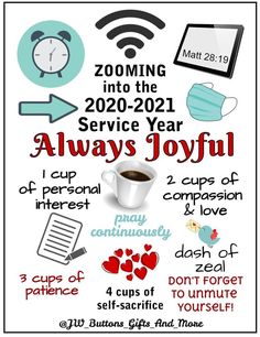 a poster with the words zooming into the service year always joyful on it