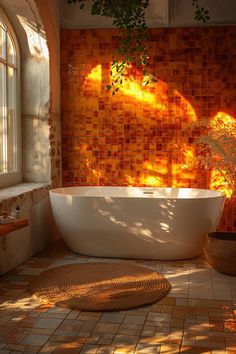 a bath tub sitting next to a window on top of a tiled floor covered in sunlight