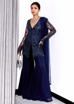 Sanya Gulati-Midnight Blue Embroidered Sharara Set-INDIASPOPUP.COM Embroidered Sharara, Indian Wedding Gowns, Indian Bridesmaids, Set Saree, Embroidered Pants, Sharara Set, Net Dupatta, Blue Fits, Flared Pants