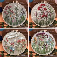 four different pictures of flowers in embroidery