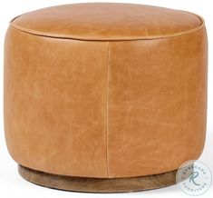 a tan leather ottoman with buttons on the front and back legs, sitting on a white background