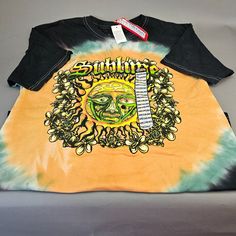 Tie-Dye Sublime T-Shirt New Never Worn With Tags. Green Band Merch Tops For Summer, Green Band Merch T-shirt For Summer, Blue Sublime Shirt, Sublime Tshirts, Hippie Multicolor Screen Print T-shirt, Casual Tie-dye T-shirt With Graffiti Print, Hippie Hand Dyed Tie Dye T-shirt, Orange Black, Tshirt Colors