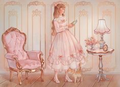 a painting of a girl in a pink dress standing next to a chair and table