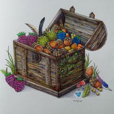 a drawing of a wooden box filled with fruit