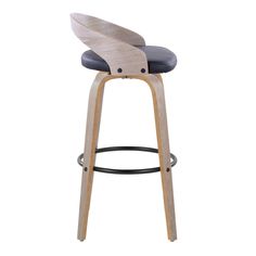 a wooden bar stool with black leather upholstered seat and backrest, on an isolated white background