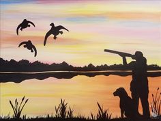 a painting of a man and his dog looking at birds flying over the water with sunset in the background