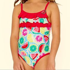 One Piece Swimsuit Has All Over Watermelon/Lime/Fruit Print With Ruffle Top Detail And Watermelon Patch. * Upf 50+ Colors: Red/Pink/Green/Blue Material: 82% Nylon 18% Spandex Lining: 100% Polyester Sizes Available: 12 Months/24 Months Hand Wash Brand New W/ Tag Red Swimwear For Summer Playwear, Cute Multicolor Sleeveless Swimwear, Cute One-piece Swimwear For Vacation, Playful Sleeveless Swimwear For Summer Activities, Cute Multicolor Swimwear For Vacation, Cute Red Swimwear For Poolside, Cute Multicolor Vacation Swimwear, Playful Swimwear For Summer Activities, Cute Red Summer Swimwear