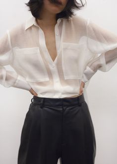 Off White Sheer Button Blouse Shirt Bar Sheer Shirt Outfits, Anti Fashion, Frankie Shop, Sheer Shirt, Crepe Fabric, Sheer Blouse, Looks Vintage, Aesthetic Outfits, White Shirt