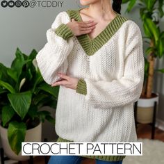 a woman wearing a white sweater and blue jeans with the words crochet pattern on it