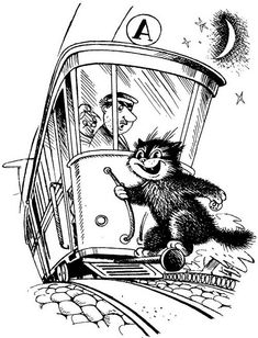 a black and white drawing of a cat in a trolley car with another cat inside