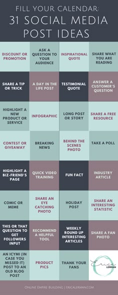 a poster with the words fill your calendar 31 social media post ideas