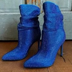 Nine West | Shoes | New Nine West Jenn Ankle Heeled Blue Rhinestone Slouch Boot Size 55 | Poshmark Elegant Blue Boots For Night Out, Glamorous Blue Round Toe Boots, Blue Party Boots With Rhinestones, Blue Rhinestone Party Boots, Blue Embellished Party Boots, Embellished Blue Party Boots, Glamorous Blue Evening Boots, Blue Pointed Toe Boots With Rhinestones, Blue Rhinestone Boots With Pointed Toe