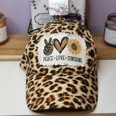 Peace Love Sunshine Ragged Patch Cheetah Print Hat - Designodeal Casual Leopard Print Summer Hat, Cheetah Print Burned Hat, Casual Adjustable Leopard Print Hat, Adjustable Leopard Print Hat With Curved Brim, Adjustable Brimmed Hat In Leopard Print, Cap Style, Cheetah Print, Peace Love, Baseball Cap