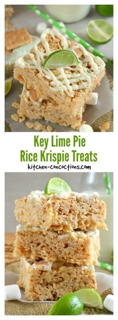 key lime pie rice krispy treats stacked on top of each other with limes