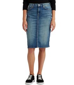 Lauren Ralph Lauren Sunset Indigo Wash Stretch Denim Mid Rise Pencil Skirt | Dillard's Workwear Denim Blue Skirt With Belt Loops, High Rise Denim Skirt For Work, Fitted Mid-rise Denim Skirt, Fall Denim Skirt For Workwear, Fitted Mid-rise Denim Skirt With Belt Loops, Stretch Denim Knee-length Skirt, Dark Wash Knee-length Bottoms For Fall, Knee-length Dark Wash Bottoms For Workwear, Fall Workwear Medium Wash Skirt