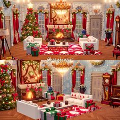 the christmas living room is decorated in red and green