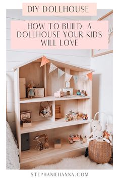 there is a doll house on the shelf in the room with other toys and decorations