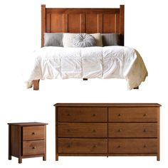 a bed, dresser and night stand are shown in three different positions on a white background